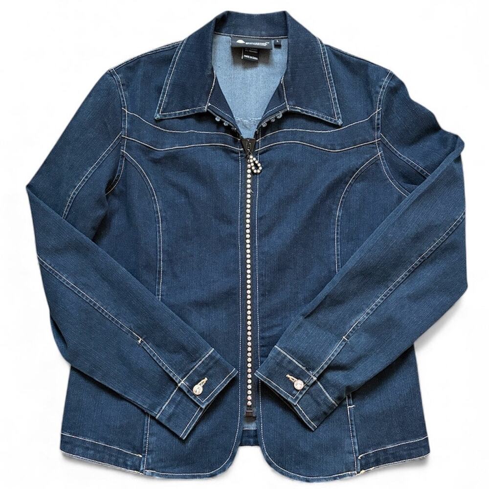Christine Alexander Blue Denim Jacket Embellished Swarovski Crystal Rhinestones